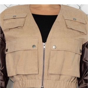 Last One❣️sale⚡Miz Satin Safari Brown And Tan Scrunch Puff Sleeve Utility Jacket